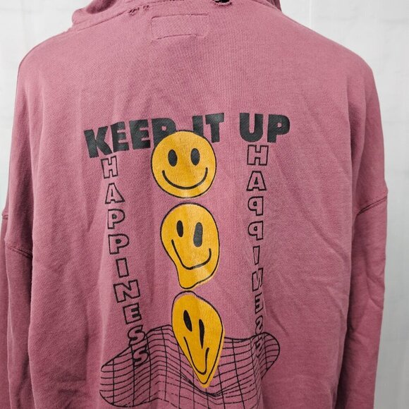 Arizona Jean Co Mauve Distressed Smiley Face Happiness Grunge Rave Hoodie M - Picture 8 of 16